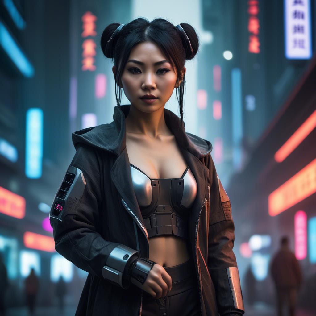 A stunning image of asian woman in a high-tech cyberpunk setting.