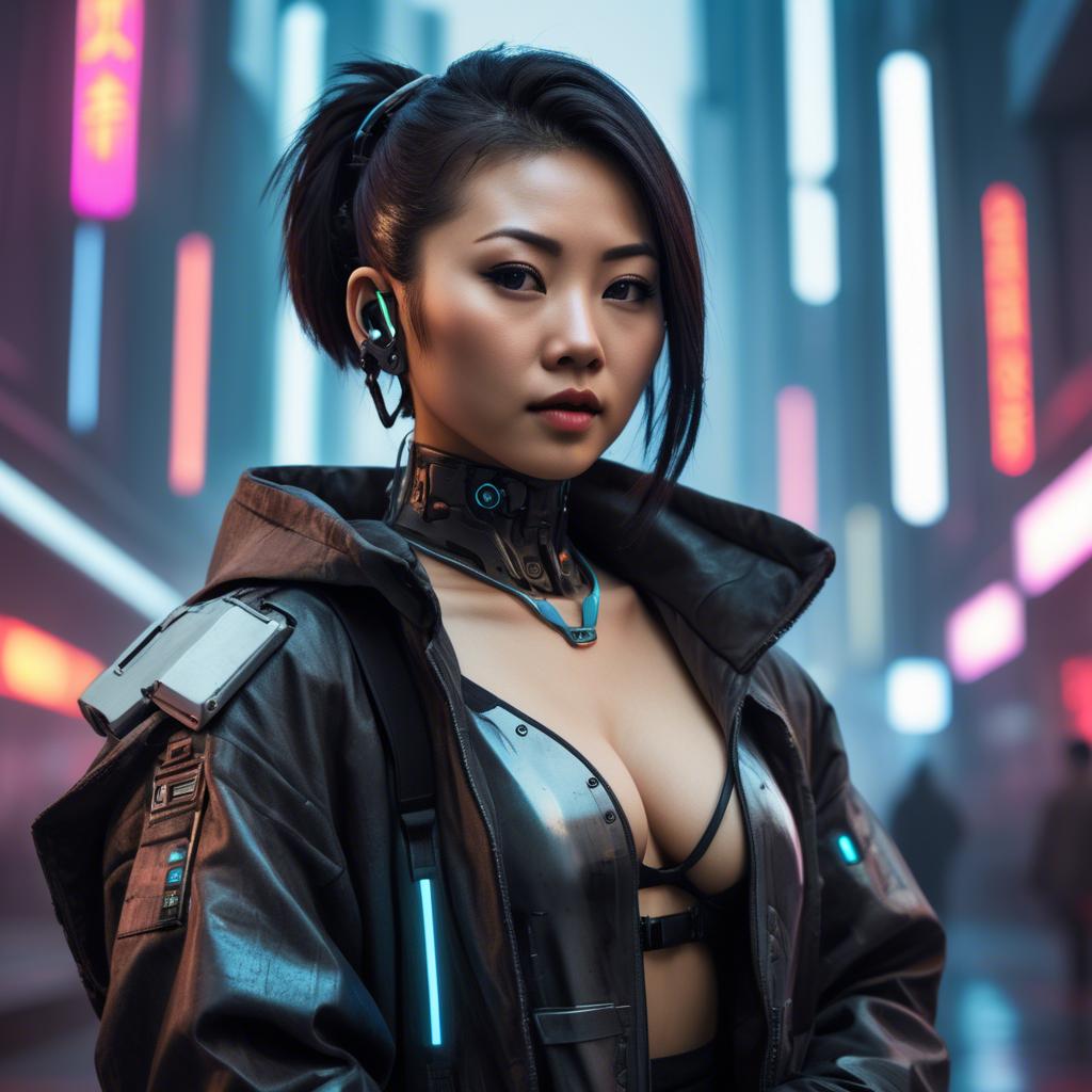 A stunning image of asian woman in a high-tech cyberpunk setting.