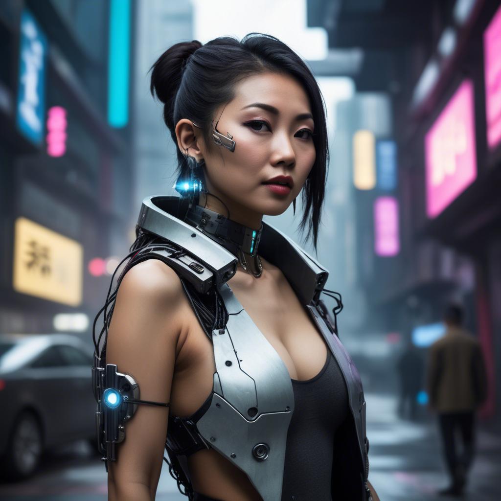 A stunning image of asian woman in a high-tech cyberpunk setting.