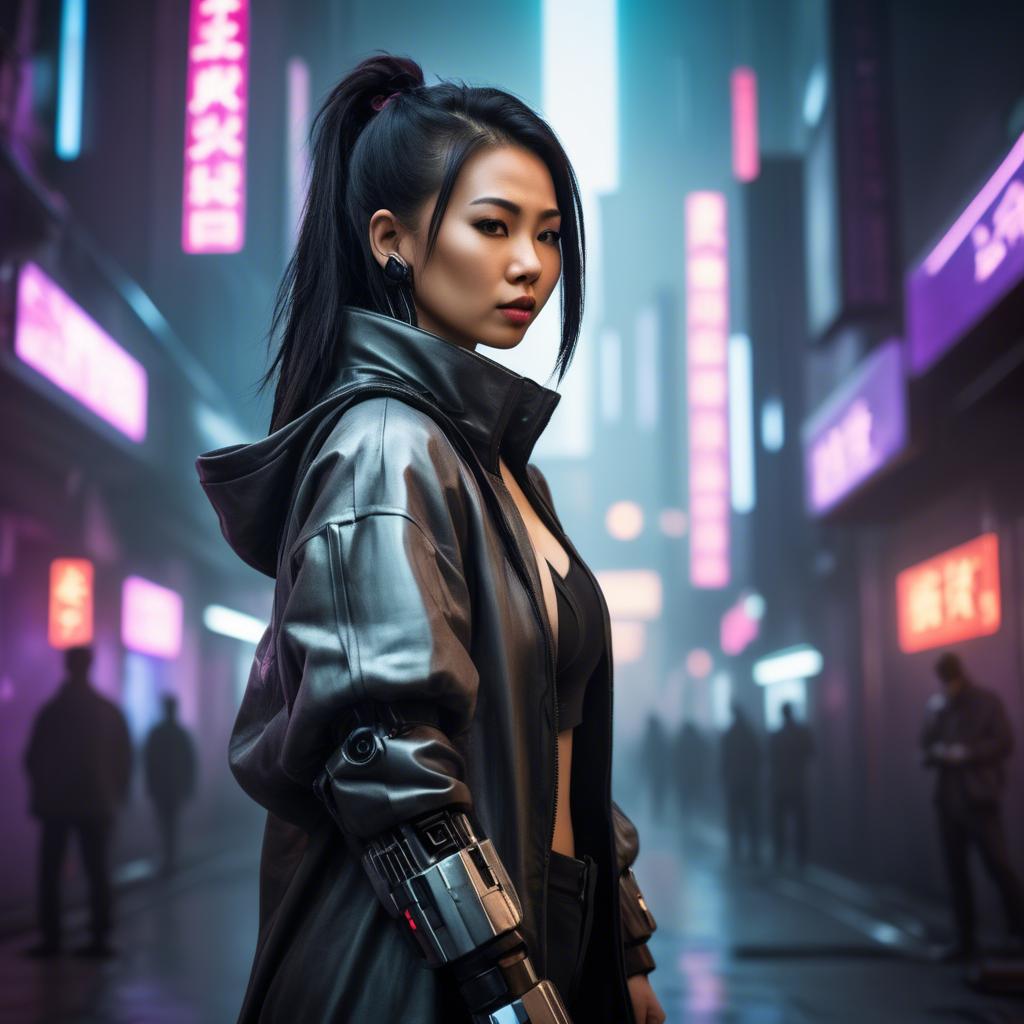 A stunning image of asian woman in a high-tech cyberpunk setting.