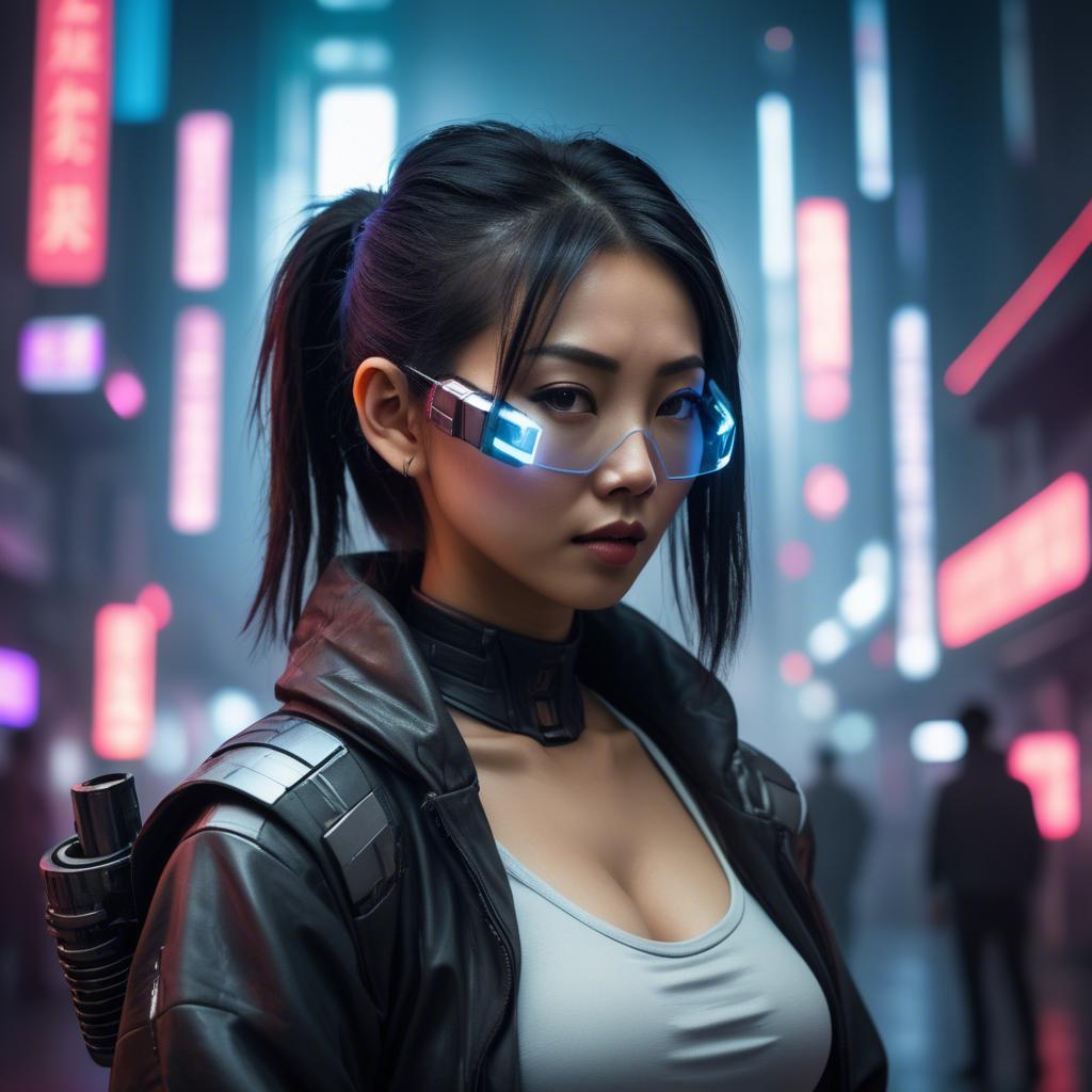 A stunning image of asian woman in a high-tech cyberpunk setting.