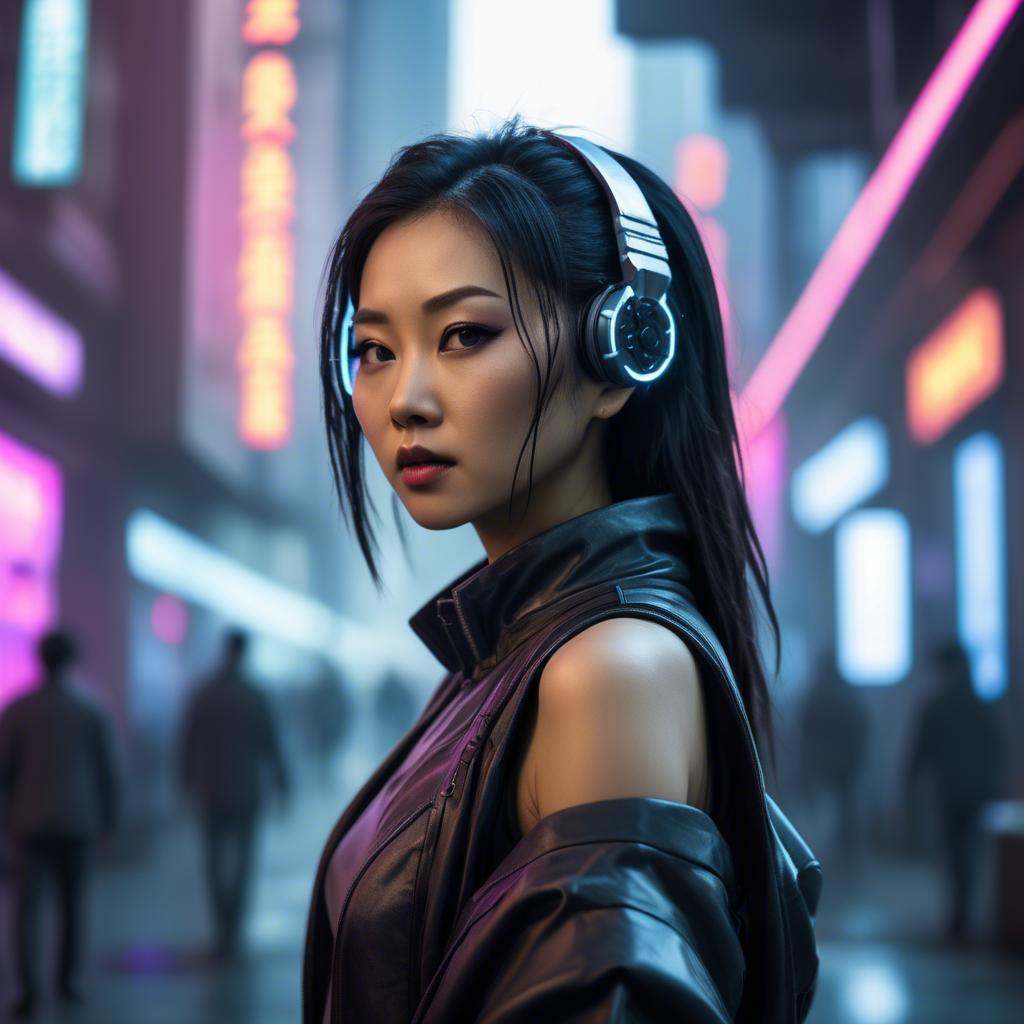 A stunning image of asian woman in a high-tech cyberpunk setting.