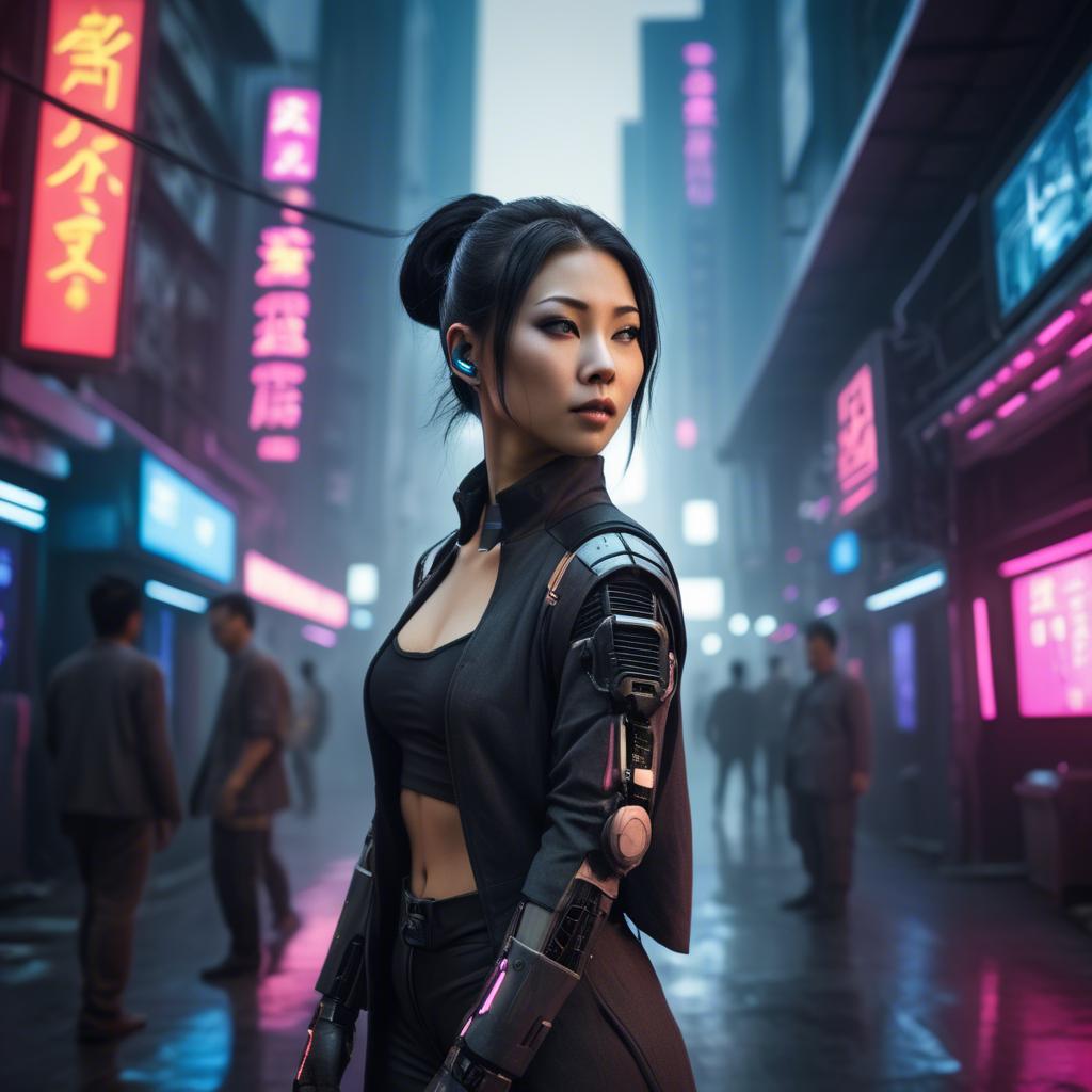 A stunning image of asian woman in a high-tech cyberpunk setting.