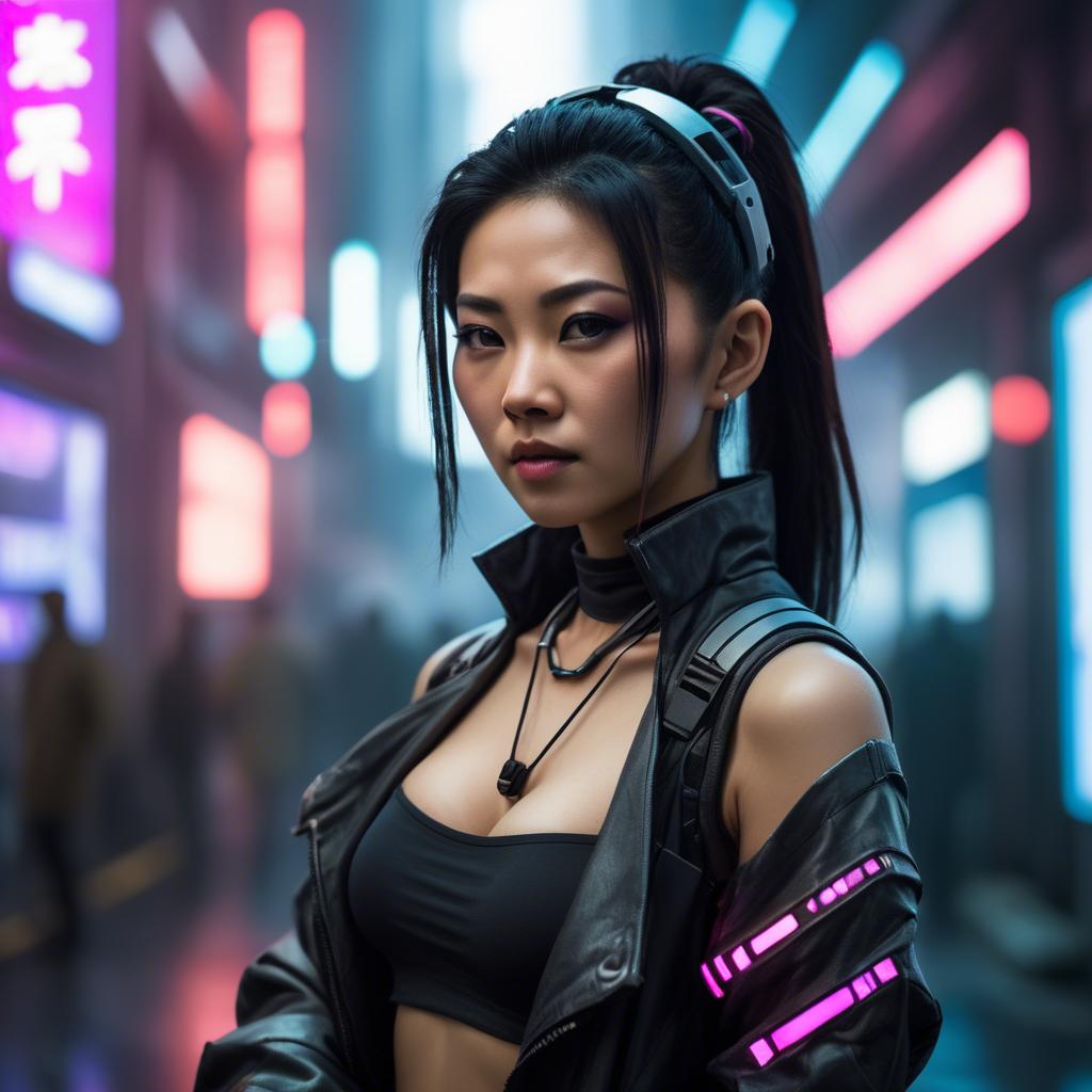 A stunning image of asian woman in a high-tech cyberpunk setting.