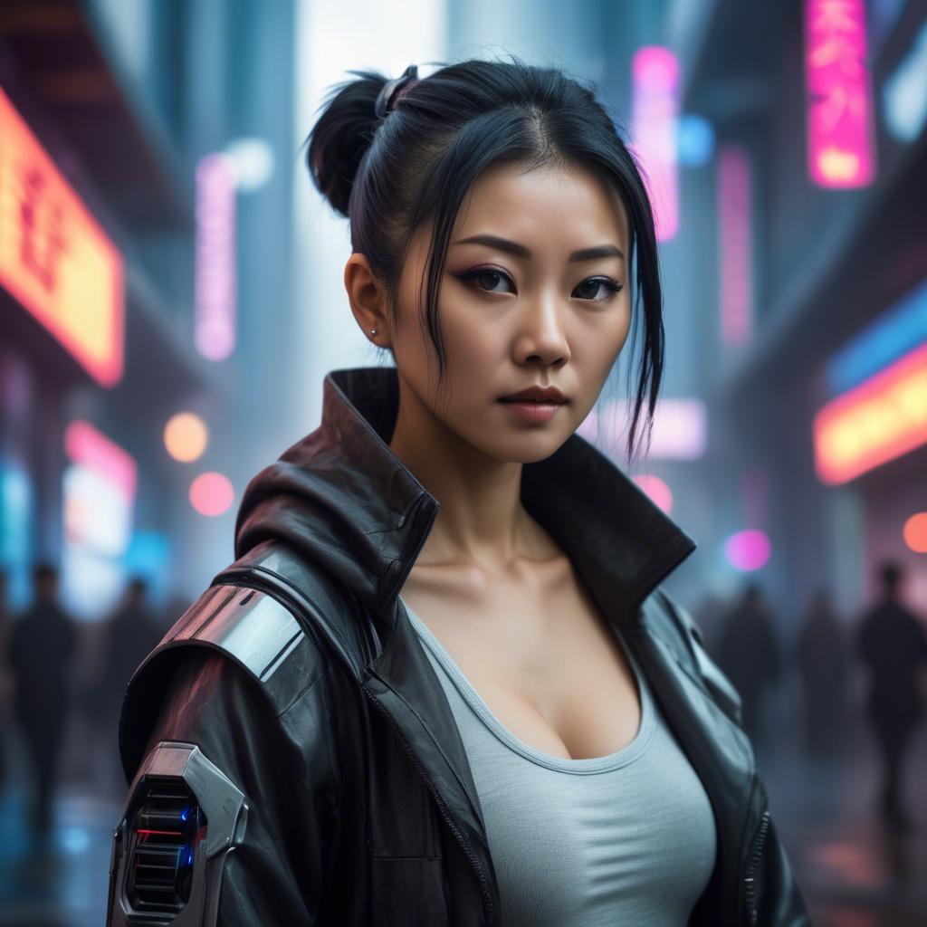 A stunning image of asian woman in a high-tech cyberpunk setting.