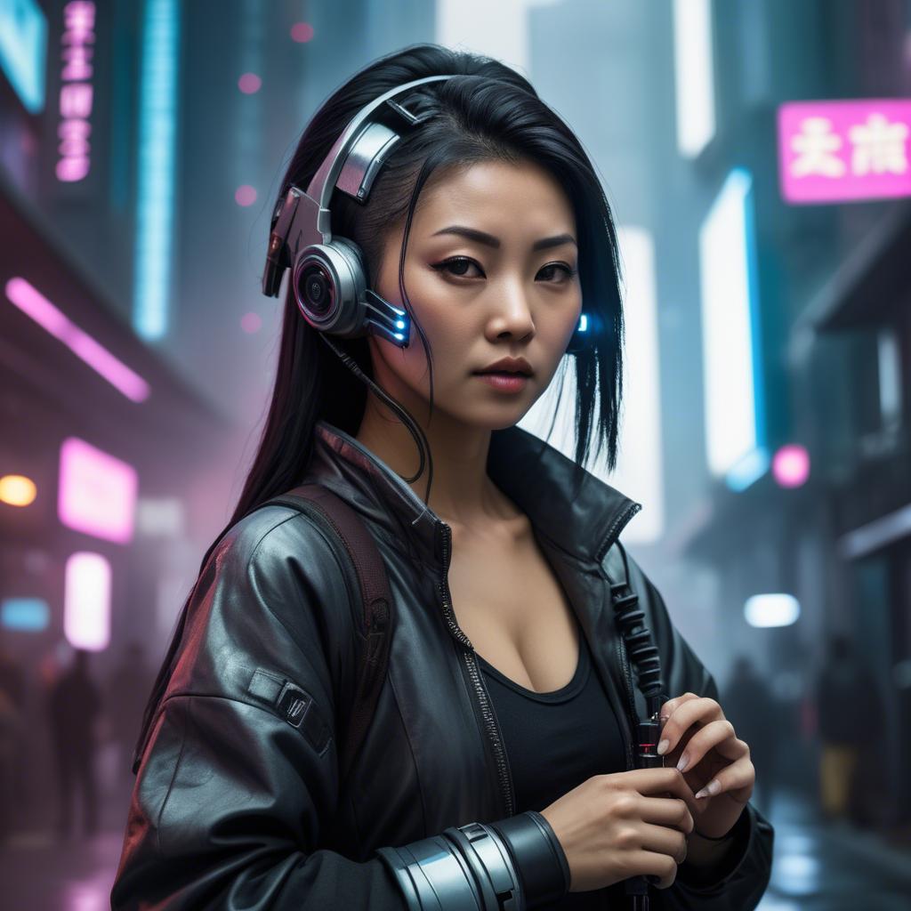 A stunning image of asian woman in a high-tech cyberpunk setting.