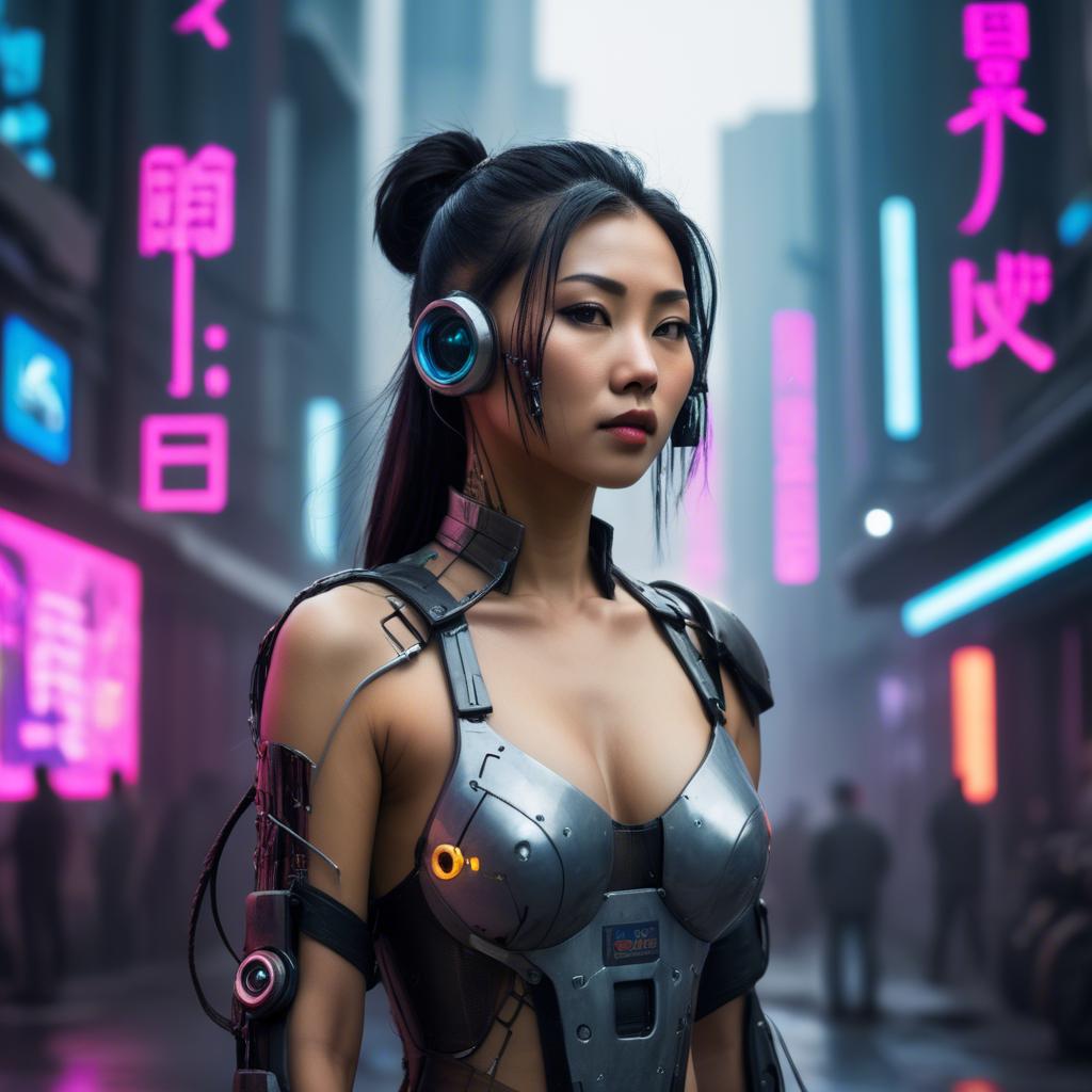 A stunning image of asian woman in a high-tech cyberpunk setting.