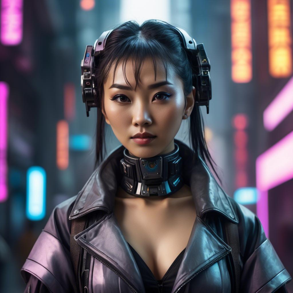 A stunning image of asian woman in a high-tech cyberpunk setting.