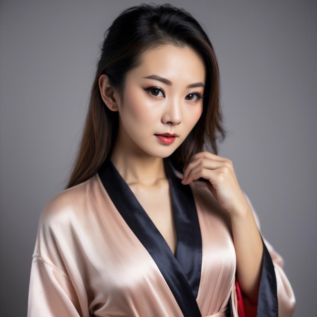 A stunning image of asian woman in silk robe, seductive look.