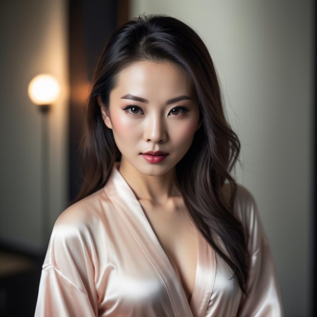 A stunning image of asian woman in silk robe, seductive look.
