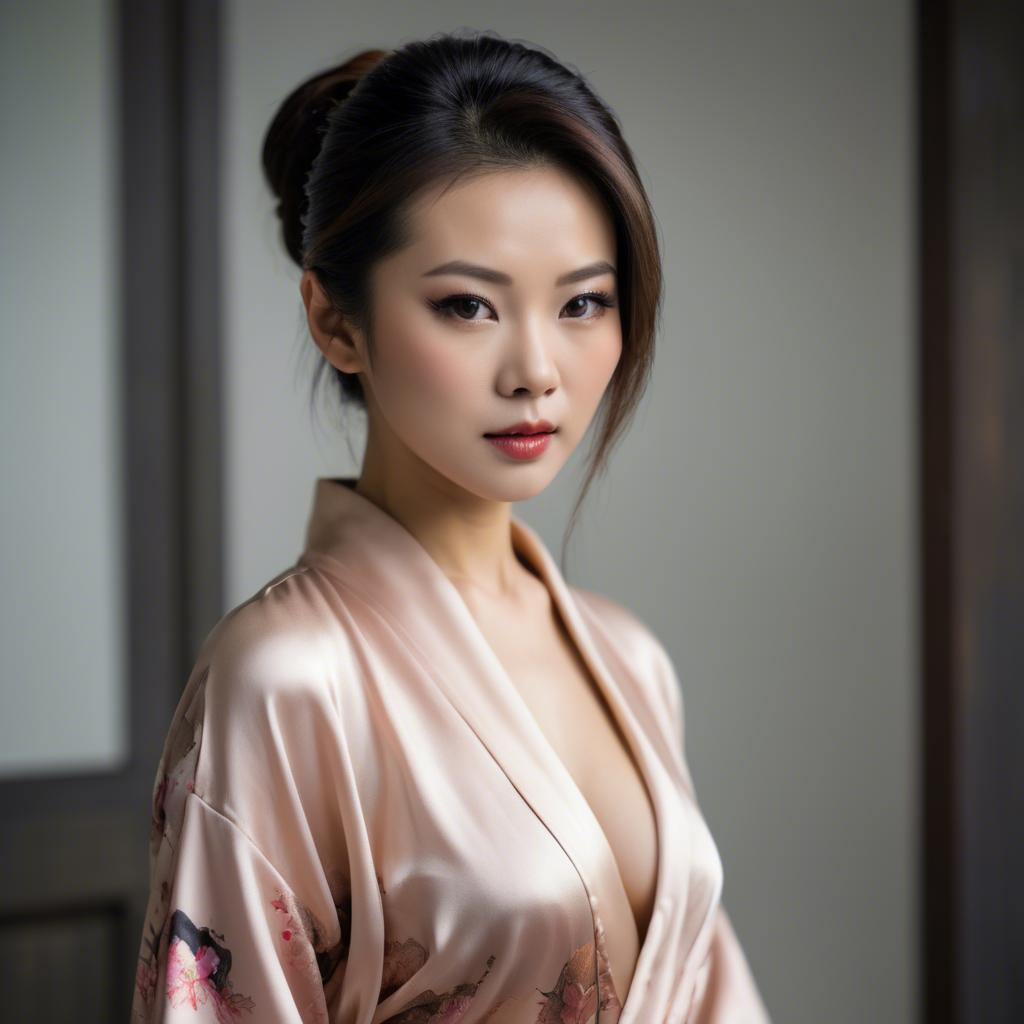 A stunning image of asian woman in silk robe, seductive look.