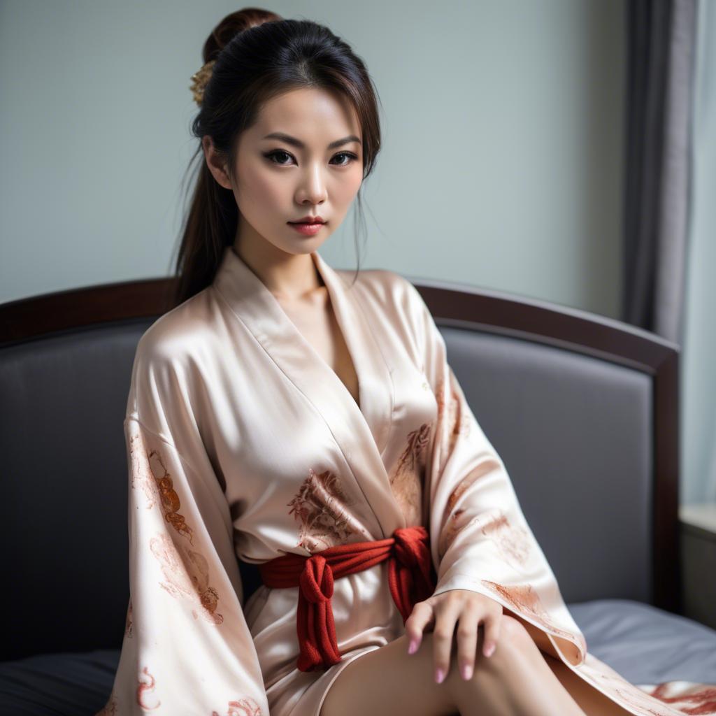A stunning image of asian woman in silk robe, seductive look.