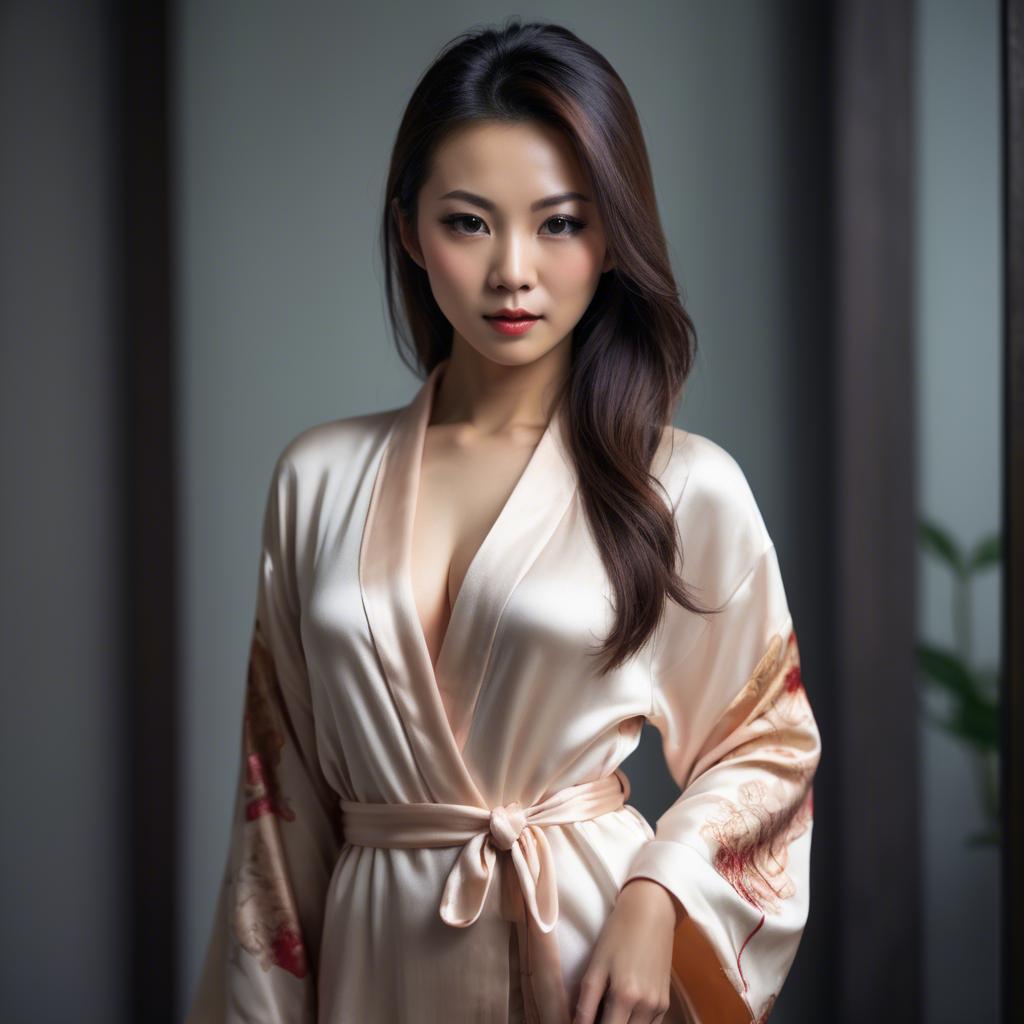 A stunning image of asian woman in silk robe, seductive look.