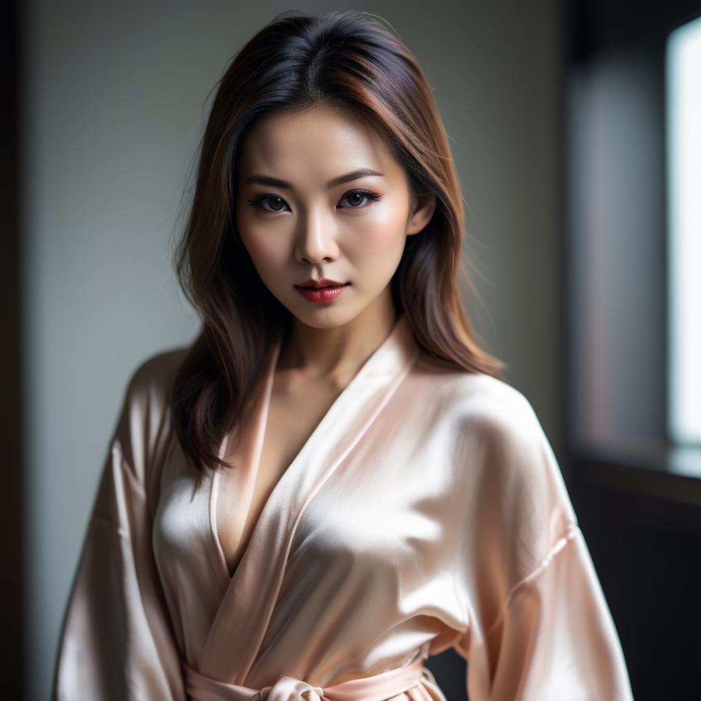A stunning image of asian woman in silk robe, seductive look.