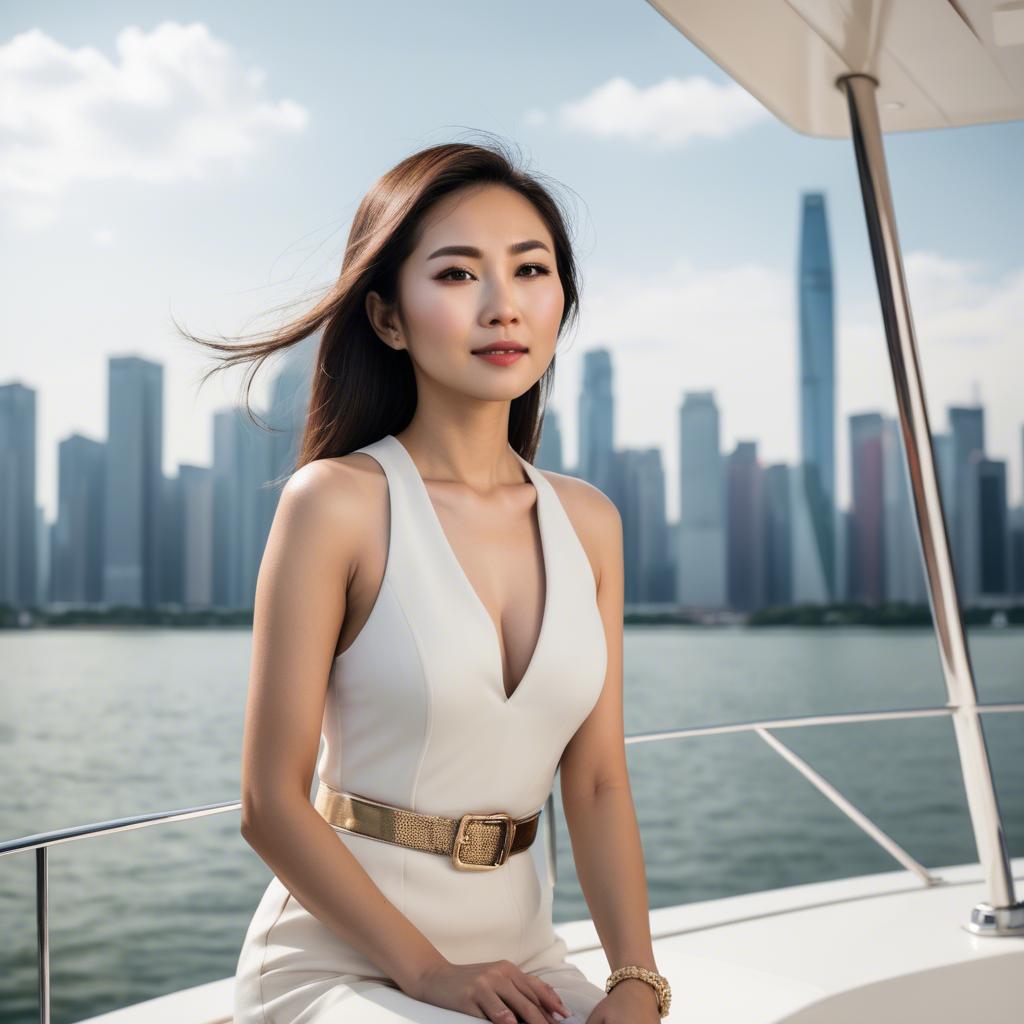 A stunning image of asian woman on a yacht with a city skyline.