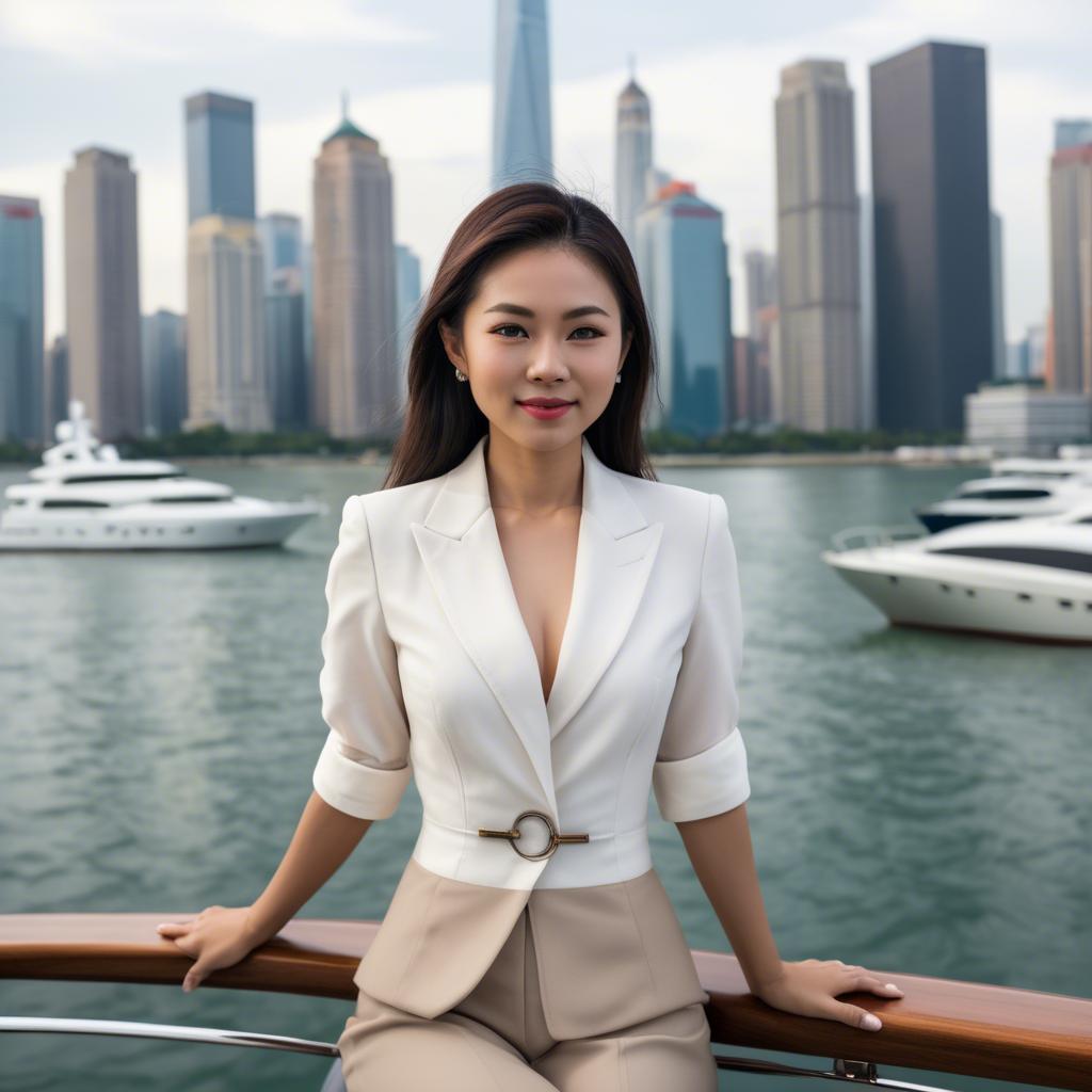 A stunning image of asian woman on a yacht with a city skyline.