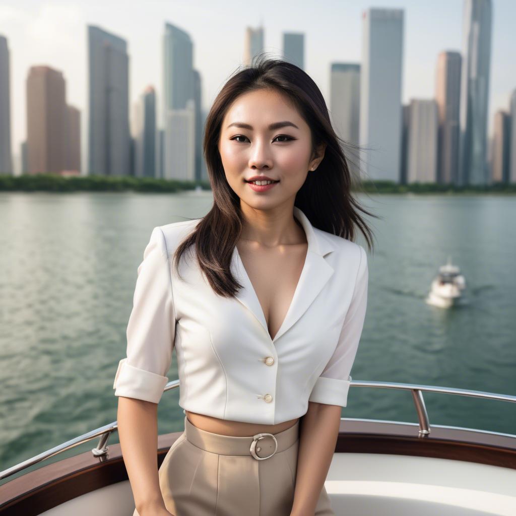 A stunning image of asian woman on a yacht with a city skyline.