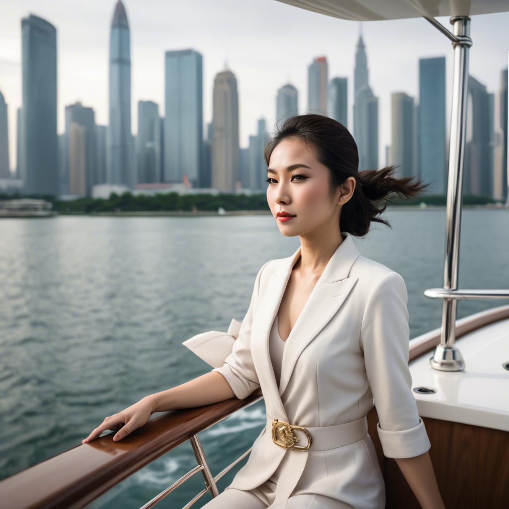 A stunning image of asian woman on a yacht with a city skyline.