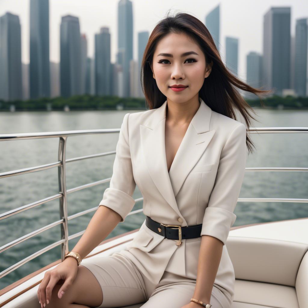 A stunning image of asian woman on a yacht with a city skyline.