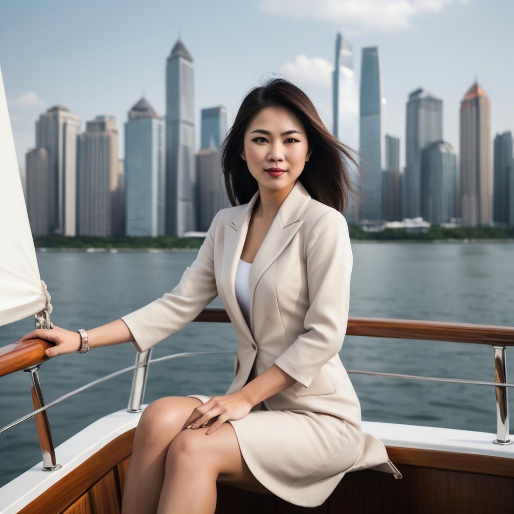 A stunning image of asian woman on a yacht with a city skyline.