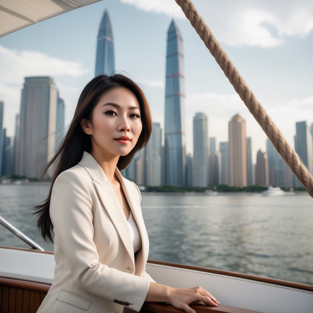 A stunning image of asian woman on a yacht with a city skyline.