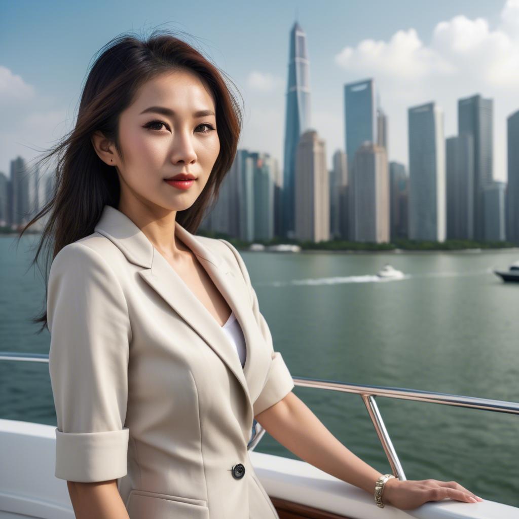 A stunning image of asian woman on a yacht with a city skyline.