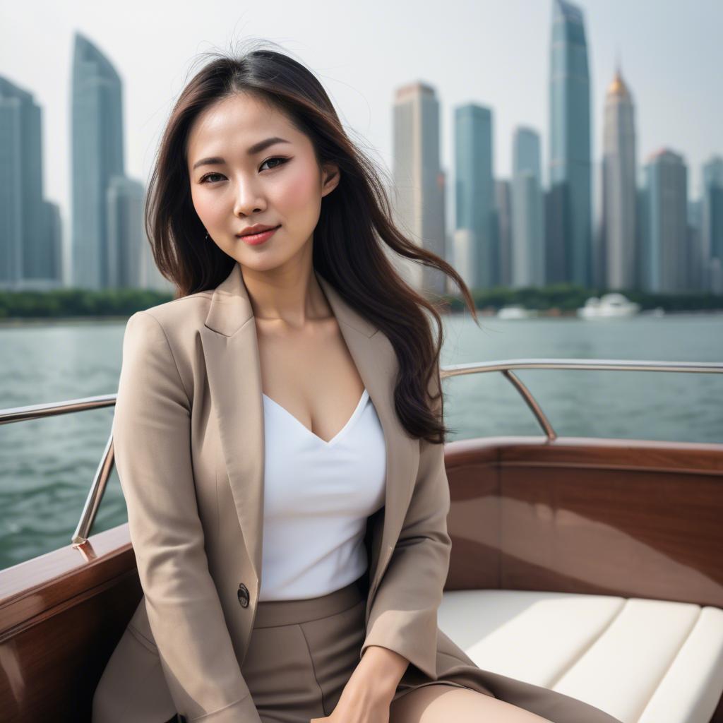 A stunning image of asian woman on a yacht with a city skyline.