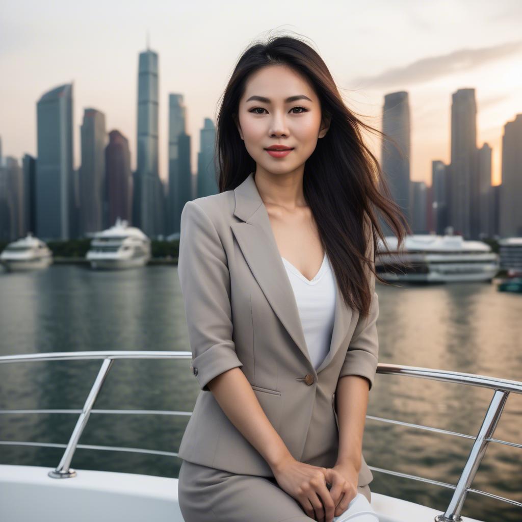 A stunning image of asian woman on a yacht with a city skyline.