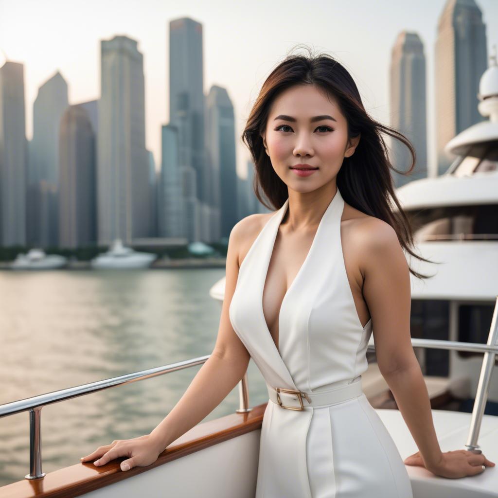 A stunning image of asian woman on a yacht with a city skyline.