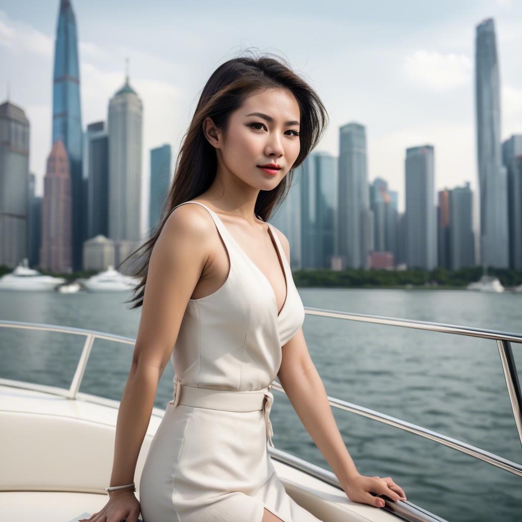 A stunning image of asian woman on a yacht with a city skyline.