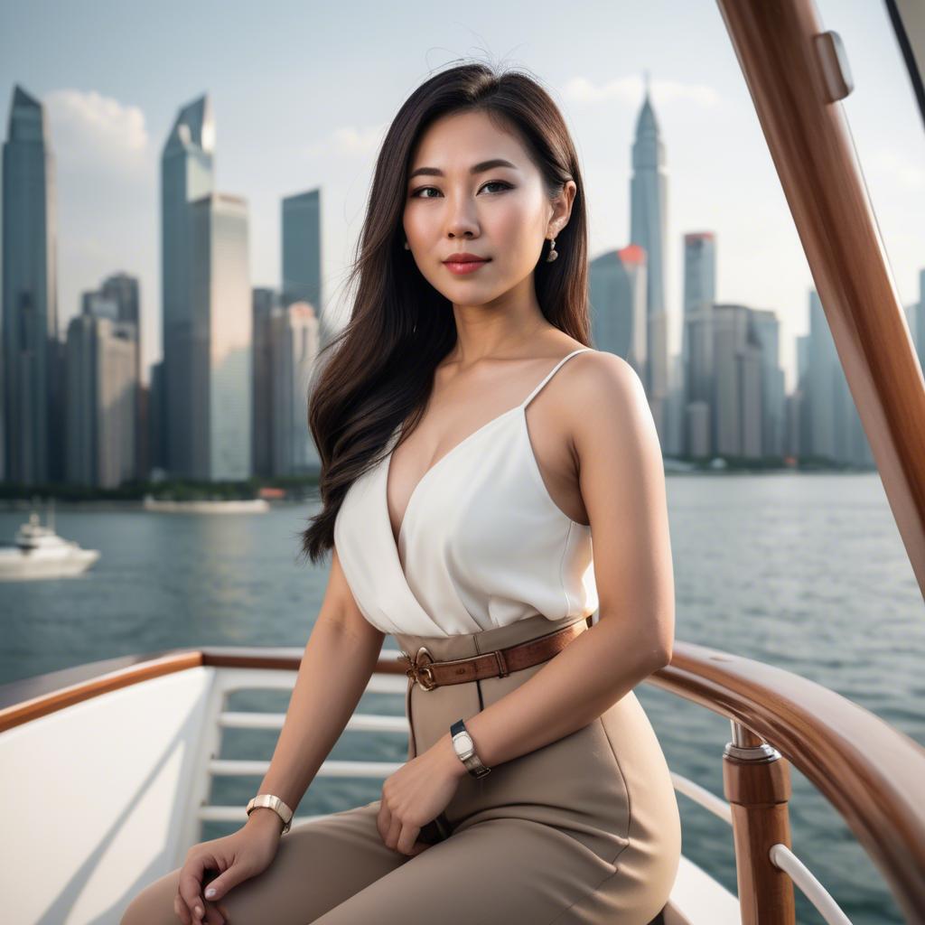 A stunning image of asian woman on a yacht with a city skyline.