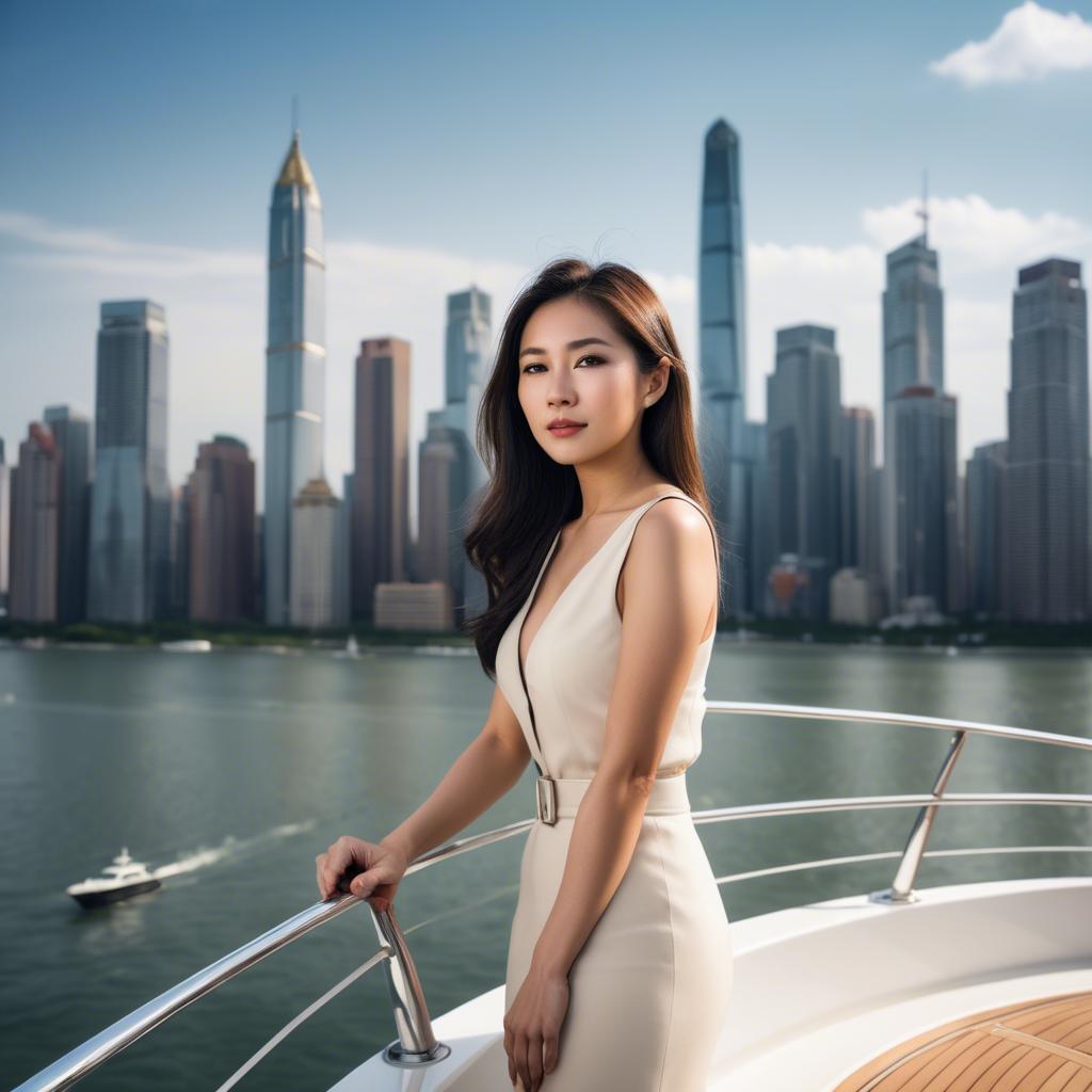 A stunning image of asian woman on a yacht with a city skyline.