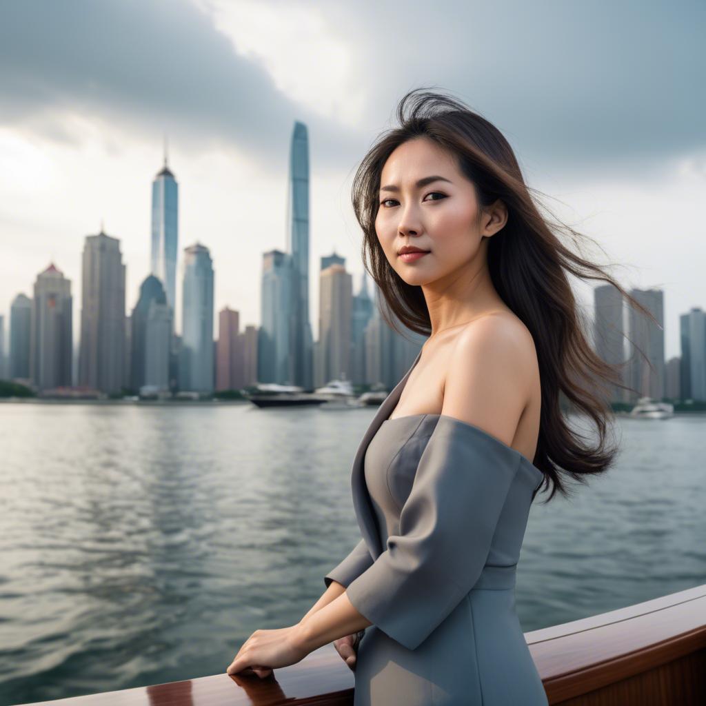 A stunning image of asian woman on a yacht with a city skyline.