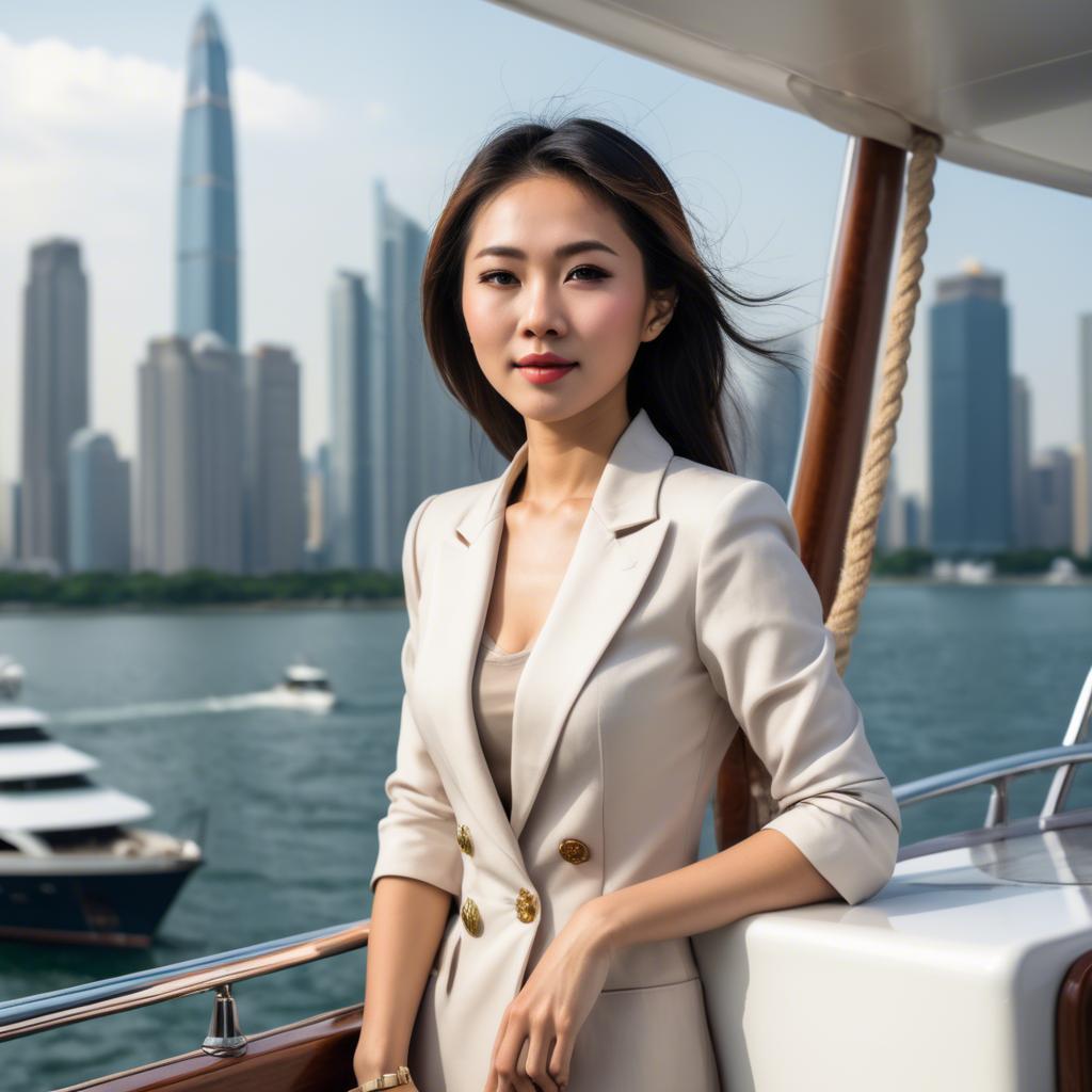 A stunning image of asian woman on a yacht with a city skyline.