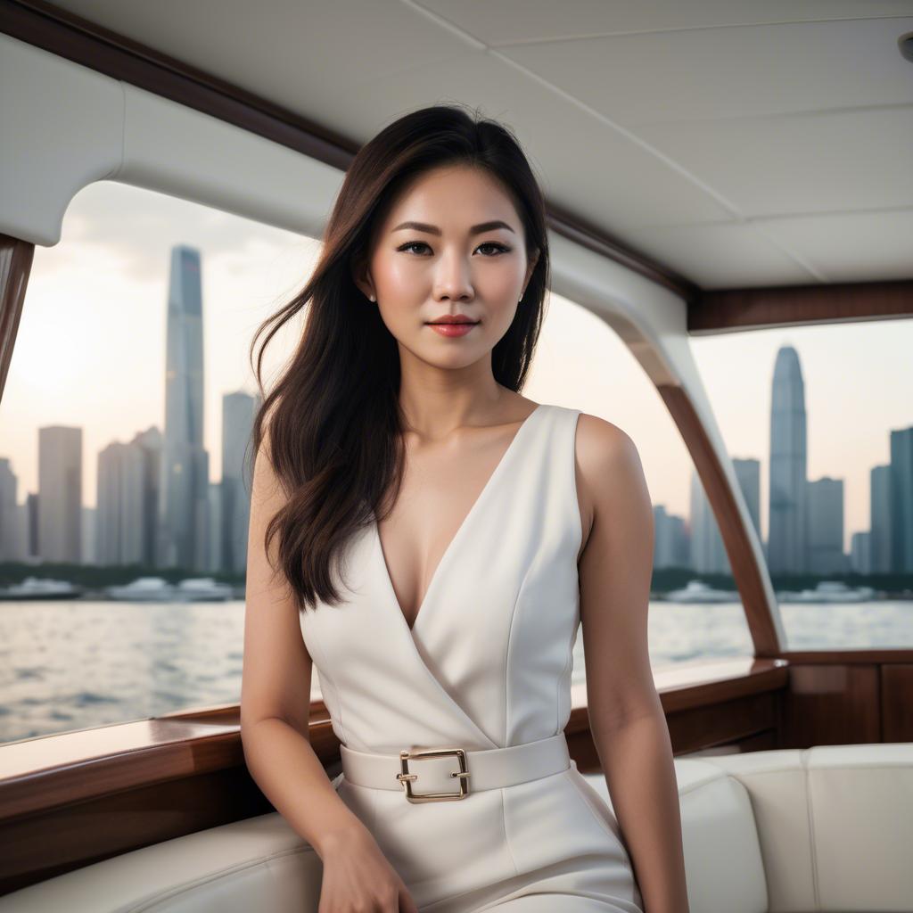 A stunning image of asian woman on a yacht with a city skyline.
