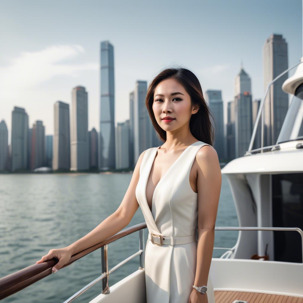 A stunning image of asian woman on a yacht with a city skyline.