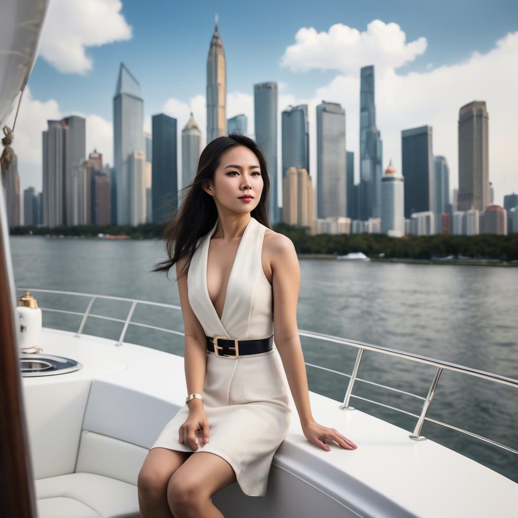 A stunning image of asian woman on a yacht with a city skyline.