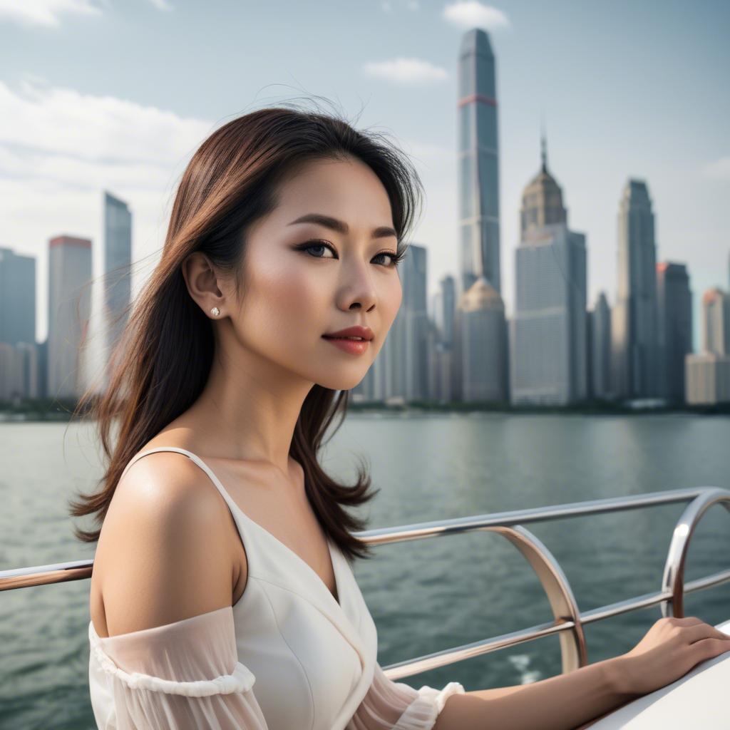 A stunning image of asian woman on a yacht with a city skyline.