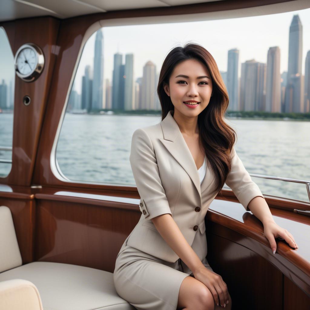 A stunning image of asian woman on a yacht with a city skyline.