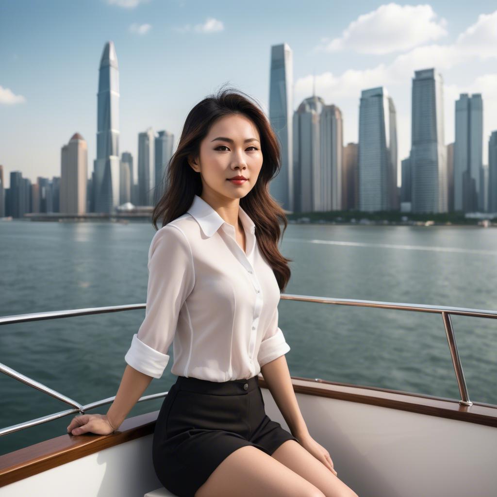 A stunning image of asian woman on a yacht with a city skyline.