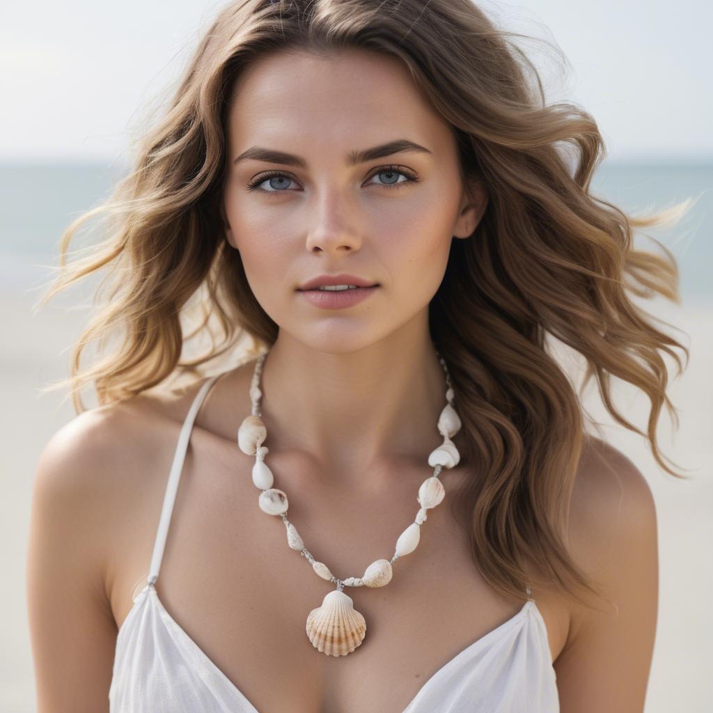 A stunning image of beach beauty with tousled hair and a shell necklace.