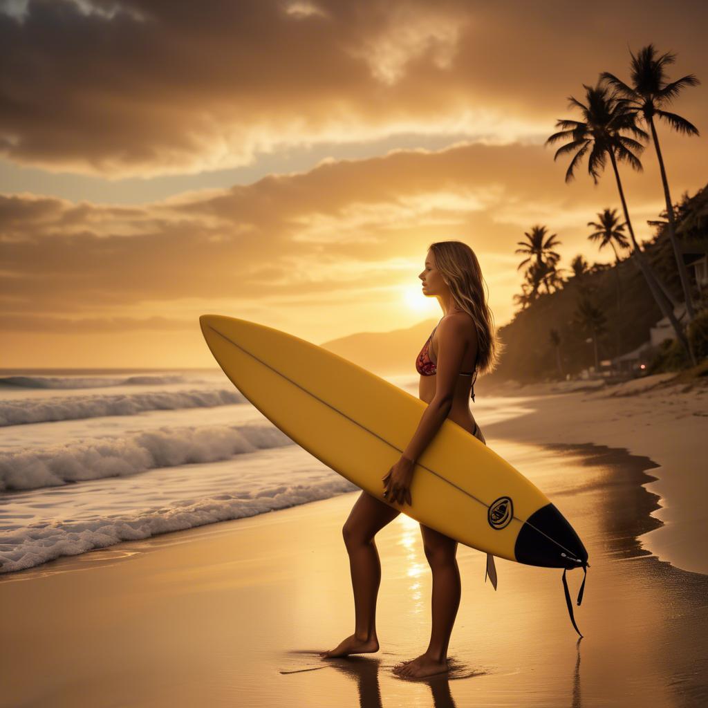 A stunning image of beach girl with a surfboard under golden sunset skies.