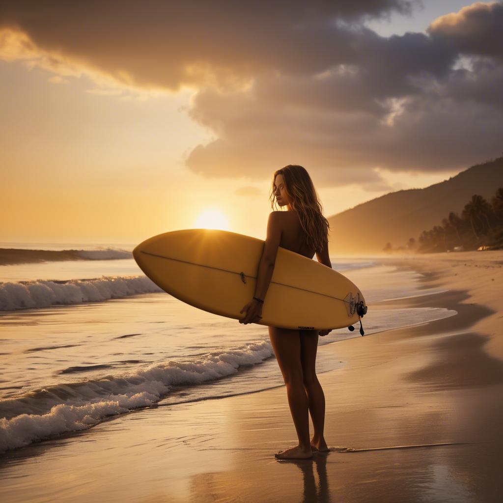 A stunning image of beach girl with a surfboard under golden sunset skies.