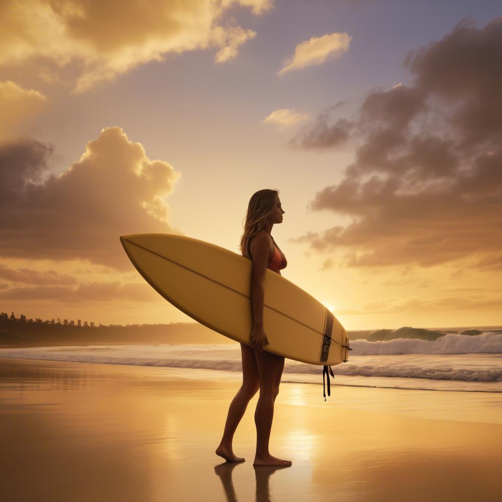 A stunning image of beach girl with a surfboard under golden sunset skies.