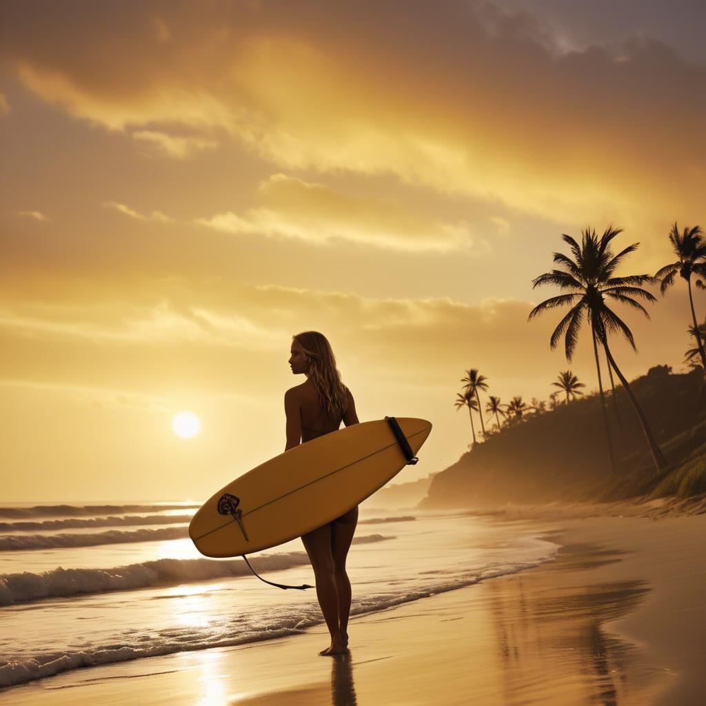 A stunning image of beach girl with a surfboard under golden sunset skies.