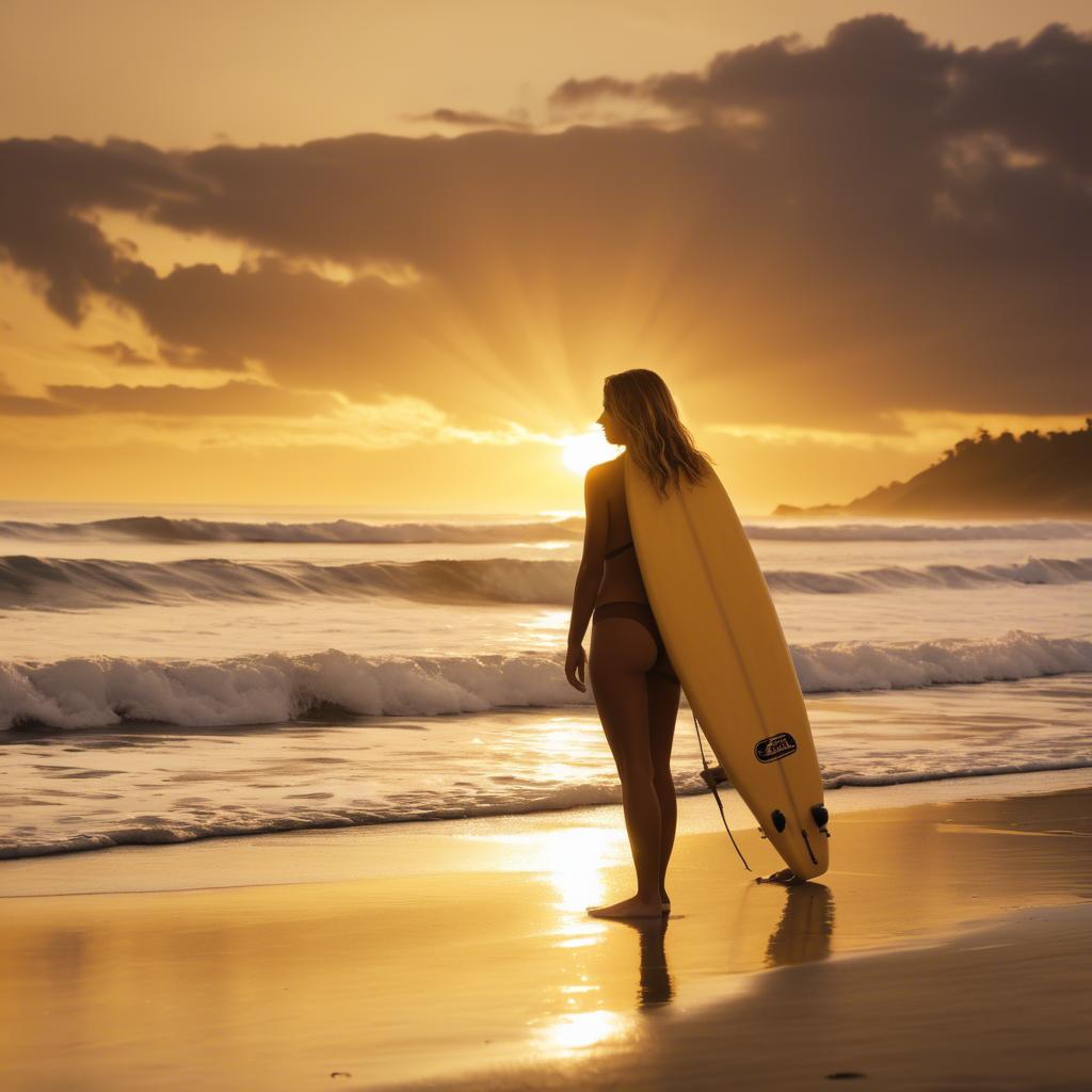 A stunning image of beach girl with a surfboard under golden sunset skies.
