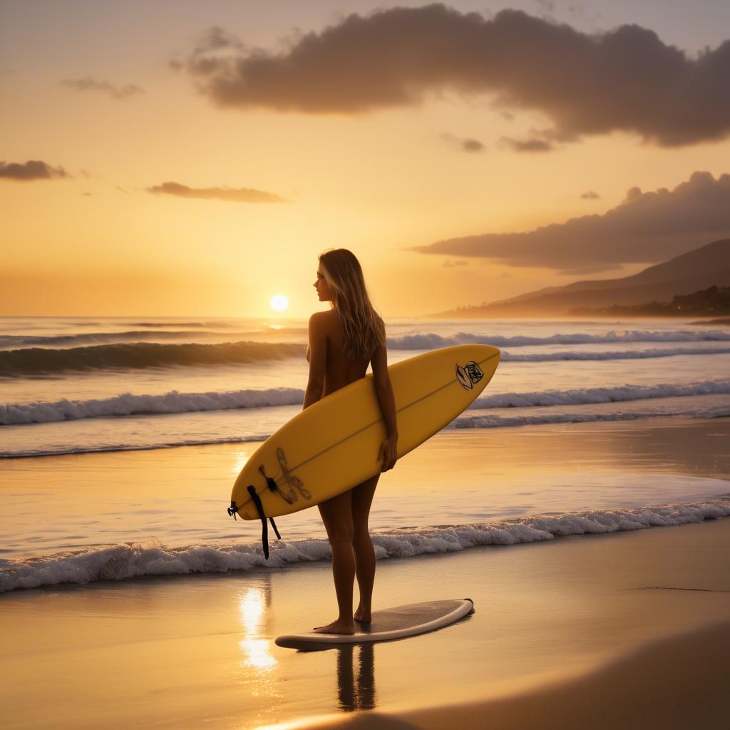 A stunning image of beach girl with a surfboard under golden sunset skies.