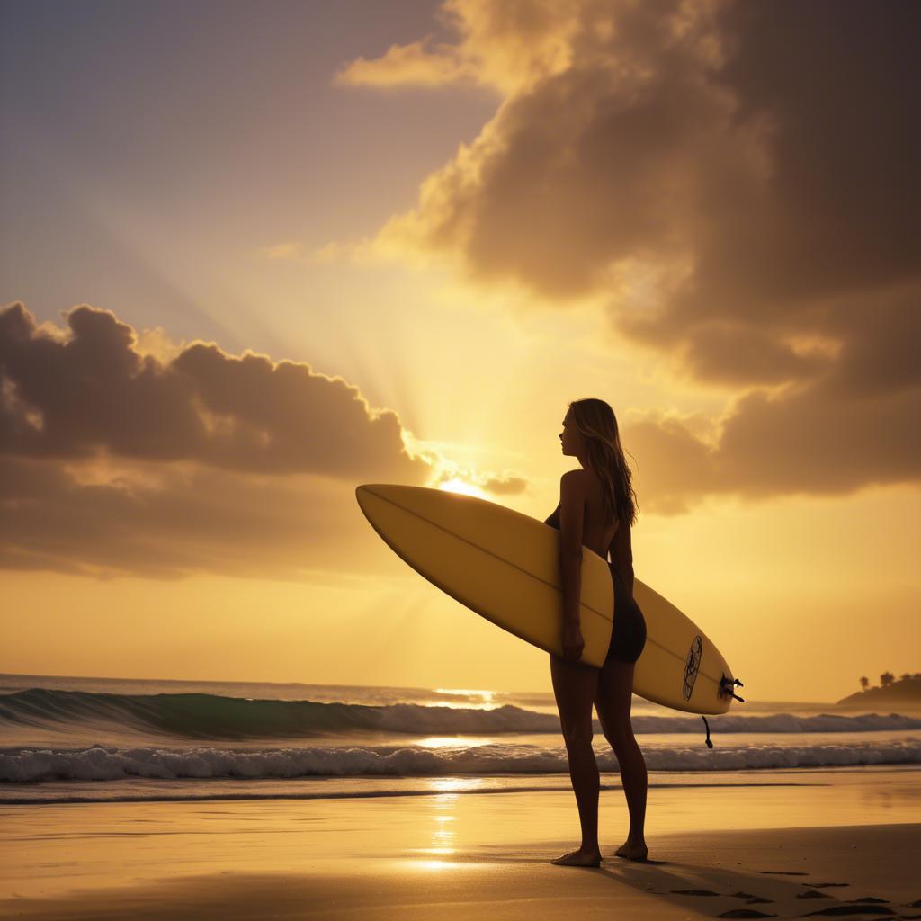 A stunning image of beach girl with a surfboard under golden sunset skies.
