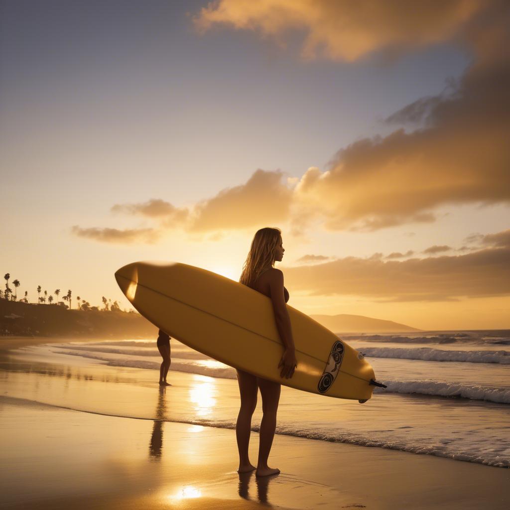 A stunning image of beach girl with a surfboard under golden sunset skies.