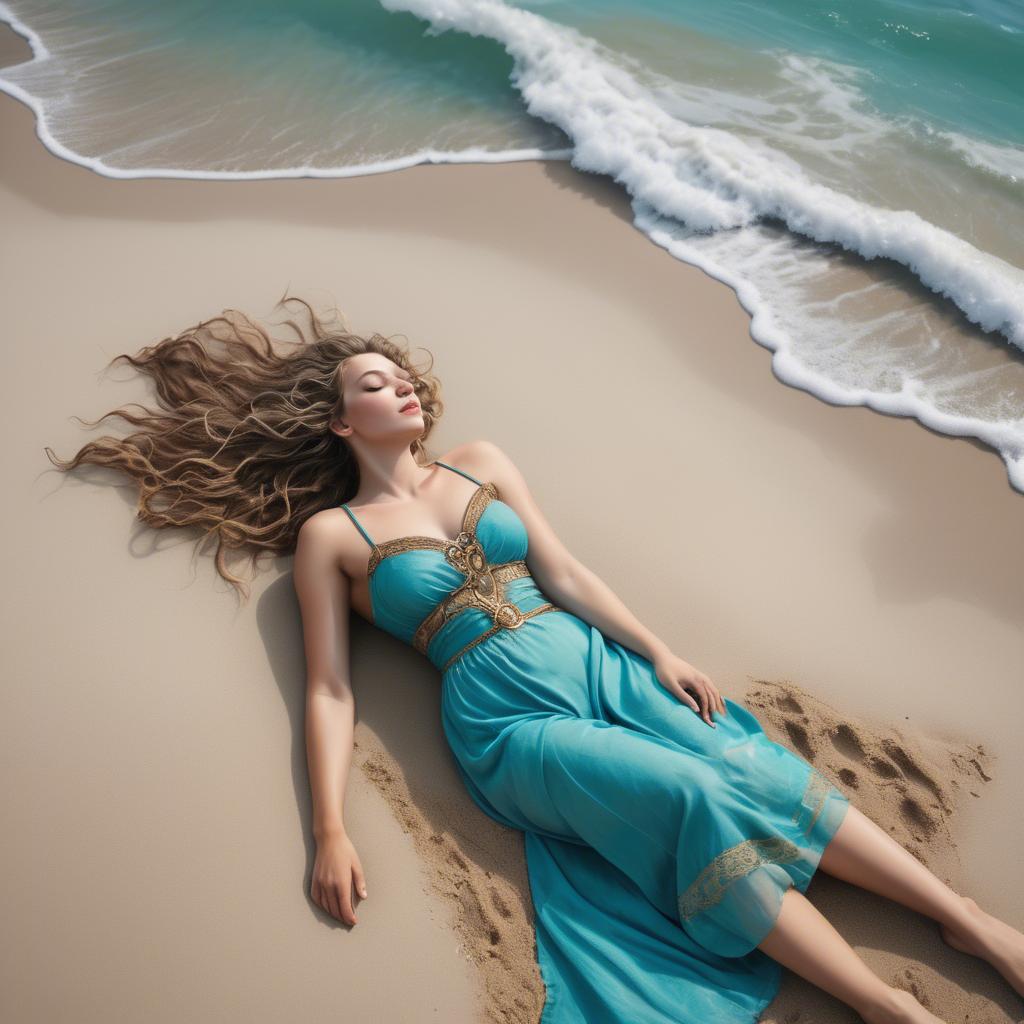 A stunning image of beach goddess lying on a sandy shore with turquoise waves.
